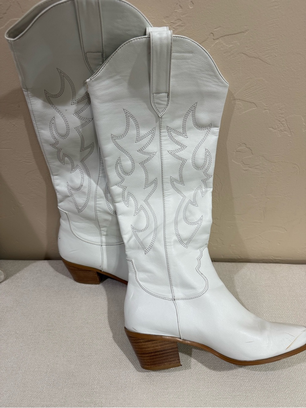 White Leather Western Knee-High Boots
